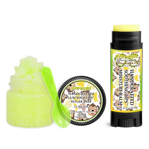 Go Bananas Soothing & Luscious Lips by OverSoyed Exfoliator & Chapped Lip Repair Lip Care Combo | Artisan Handcrafted to Order Banana Candy Creamy Vanilla Flavored Exfoliating Sugar Lip Scrub & Lip Moisturizer Balm Gift Set