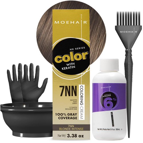 MOEHAIR Hair Coloring Kit | 7NN Permanent Hair Color (Blonde Intense), 20 Volume Developer 6%, Coloring Brush, Gloves & Mixing Bowl | Keratin Infused Color | Gray Coverage | Adds Shines & Softness