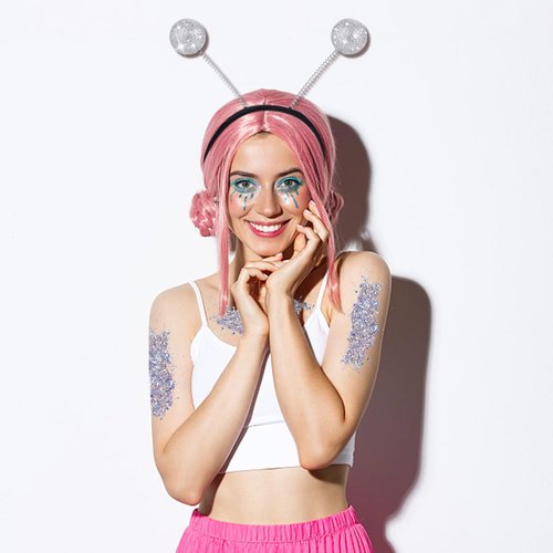 Alien Headband with Glitter, Silver Martian Alien Antenna Headband Glitter Ball Boppers & Silver Holographic Chunky Glitter, Alien Costume Accessories Space Costume Party Favors for Adult Women