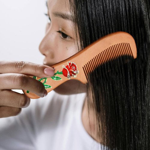 Rose Flower Wooden Comb Handmade Comb, Enamel Crystal Metal Rose Decorate Wood Comb for Wavy hair,Thick hair, Thin hair, Straight hair Tangle Combs for Men Women