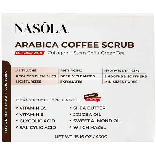 Nasola Arabica Coffee Body Scrub with Collagen, Green Tea & Stem Cell – Exfoliating Body Scrubber & Face Cleanser – Coffee Scrub for Wrinkles, Stretch Marks, and for Smoother Skin, 15.16 Oz