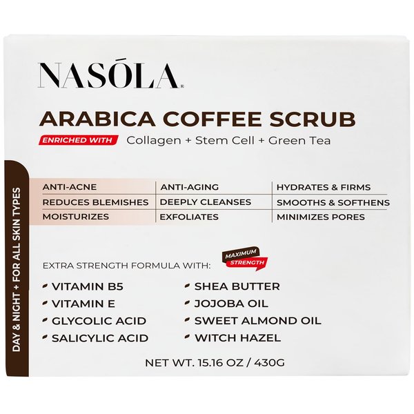Nasola Arabica Coffee Body Scrub with Collagen, Green Tea & Stem Cell – Exfoliating Body Scrubber & Face Cleanser – Coffee Scrub for Wrinkles, Stretch Marks, and for Smoother Skin, 15.16 Oz