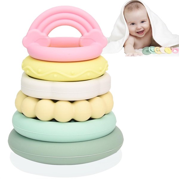 Kizadee Stacks of Circles Stacking Ring, Stacking Rings Baby Toy, Toddler Montessori Sensory Soft Rings Stacker, Soft Baby Chew Toys for Sucking Needs, Suitable for Babies of Any Age