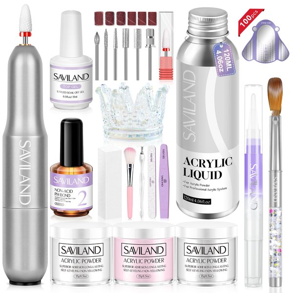 Saviland Acrylic Nail Kit with Nail Drill - Professional Use Only Acrylic Powder and Liquid Set Nail Tools Kit Acrylic Set with Acrylic Nail Brushes for Acrylic Nails Application Home DIY