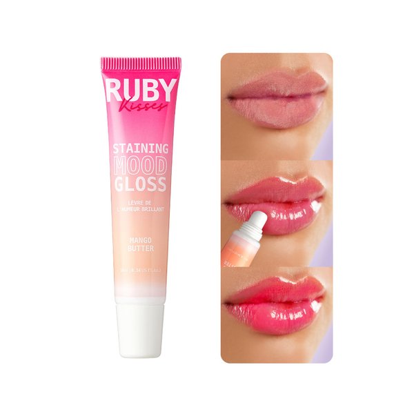 Ruby Kisses Staining Mood Lip Gloss, Mango Butter Infused for Hydration, PH-Activated Hue Change, Lightweight Feel, Non-Sticky Shine for Long Lasting Fuller & Smoother Lips (1pc)