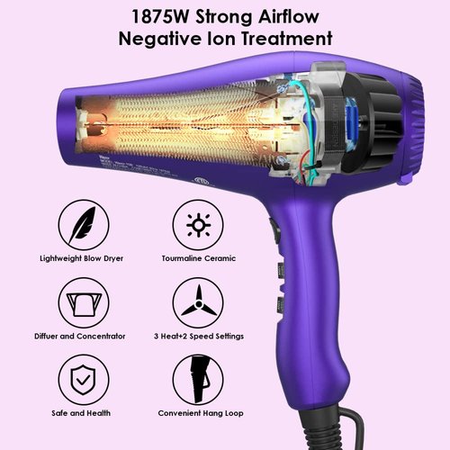 Wazor 3rd Generation Lightweight Low Noise Hair Dryer,( 1875W Tourmaline Ceramic Negative Ionic Blow Dryer）2 Speed 3 Heat Settings Cool Shot with Diffuser Concentrator(Purple)