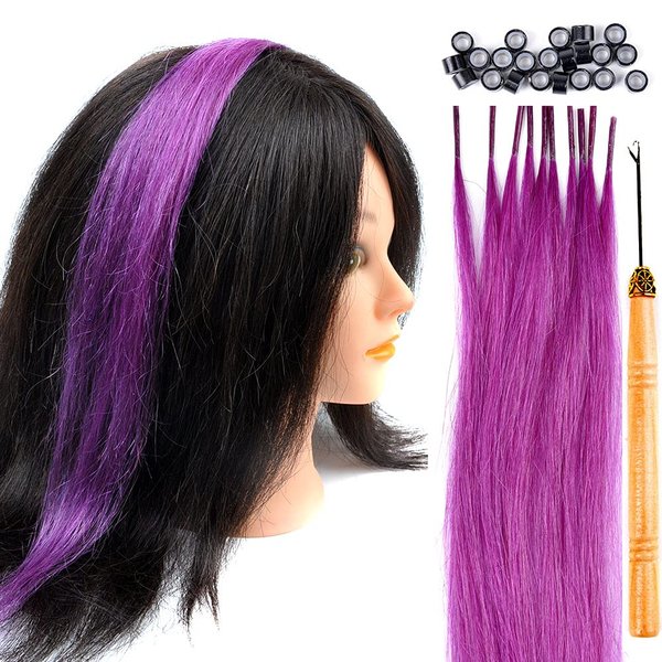 Jmzulnivst Lot 10 strands 20'' Long Solid Colorful I Tip Human Hair Extension,10+ FREE Micro Beads,Hook (Purple, 20inch)