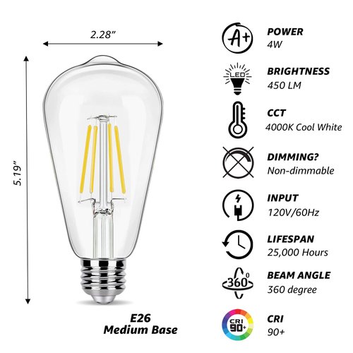 16 Pack LED Edison Bulbs 40W Equivalent, Not-dimmable 4 Watt LED Filament Bulb, 4000K Cool White ST19 Light Bulb, 450LM E26 Vintage LED Bulbs for Ceiling Light Fixtures