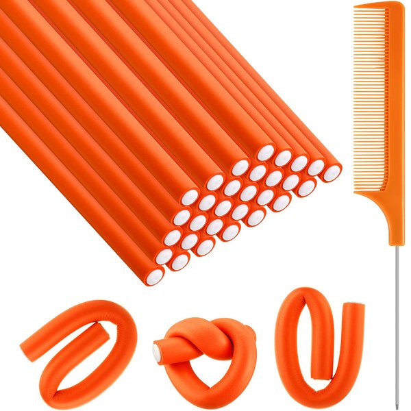 Syhood 30 Pieces Flexible Curling Rods, Soft Foam No Heat Hair Rollers and 1 Steel Pintail Comb for Women Girls Long and Short Hair, Orange