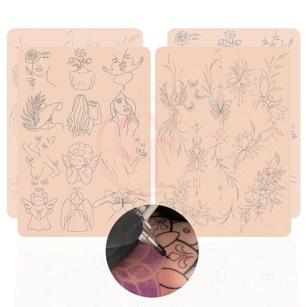 5pcs Premium Silicone Tattoo Training Pad Double Side Pre-Printed Pink Tiny Tattoo Practice Skin for Body Art Tattoo Training (5pcs)