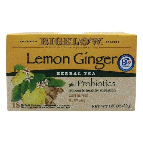 Bigelow Tea Lemon Ginger Plus Probiotics Herbal Tea Bags, 18 Count Box (Pack of 1) Caffeine Free Herbal Tea, 18 Tea Bags