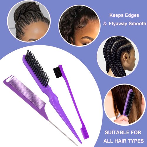 Hair Styling Set for Women, Girls & Kids: Teasing Brush, Rat Tail Comb, Edge Brush for Braiding & Backcombing Styling (Purple)