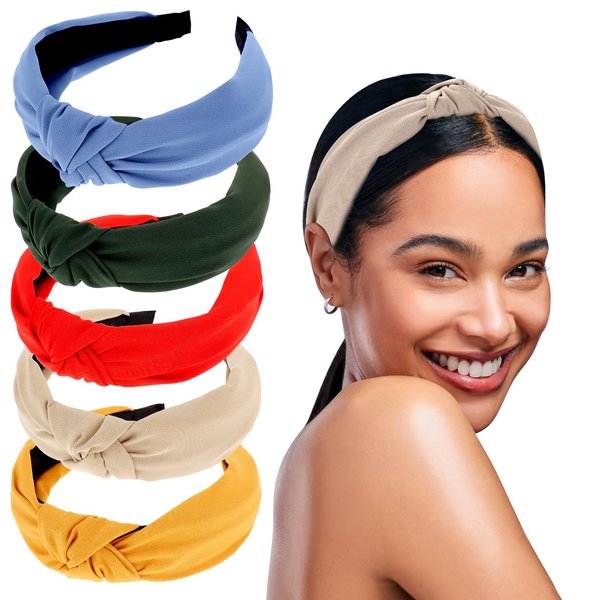 loucent 5-Pack Knotted Headbands for Women - Wide Non-Slip Top Knot Headbands for Stylish Hair Accessories- Military Green & Sky Blue