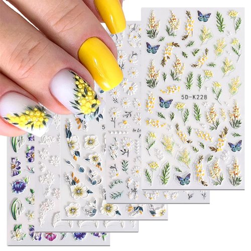 Flower Nail Art Stickers Decals 5D Flower Nail Stickers Floral Daisy Acrylic Embossed Nail Decals 6PCS Daisy Butterfly Floral Leaf White Spring Design Self-Adhesive Nail Sliders for Manicure Decor