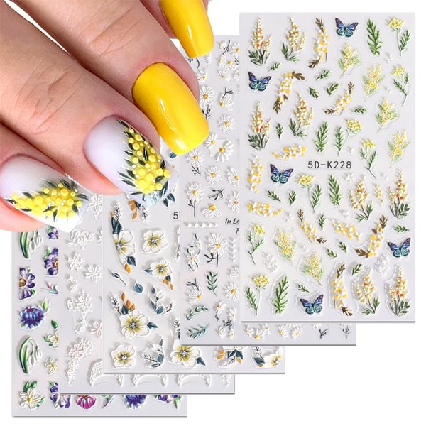 Flower Nail Art Stickers Decals 5D Flower Nail Stickers Floral Daisy Acrylic Embossed Nail Decals 6PCS Daisy Butterfly Floral Leaf White Spring Design Self-Adhesive Nail Sliders for Manicure Decor