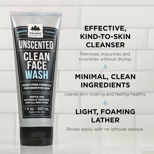 Pacific Shaving Company Clean Facial Wash - UNSCENTED | Natural Face Wash for Sensitive Skin (7 oz) - Pack of 2