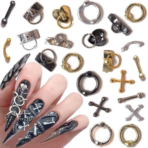 Dornail 30pcs Vintage Punk Alloy Nail Charms 3D Cross Nail Charm Hollow Hanging Rings Latch Metal Nail Art Charms for Nails Jewelry Gothic Design Nail Accessories Nail Supplies Nail Art Decorations