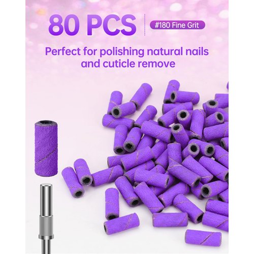 YBLNTEK Sanding Bands for Nail Drill, 80 Pcs Small Sanding Bands with 3.1mm Mandrel Bit, 180 Fine Grit Nail Sanding Bands for Acrylic Nails Gel Removing Nail Salon Home Use, Purple