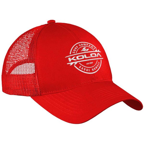 Joe's USA Koloa Surf Thruster Logo Old School Curved Bill Mesh Snapback Hat-Red/w