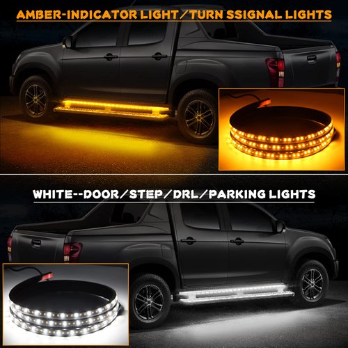 OPPBUY 2PCS 70 Inch LED Running Board Light 12V LED Side Marker Light with Sequential Amber Turn Signal Light &White Courtesy Light,216 LEDs Running Board Strip Light for Trucks Cars Vehicle