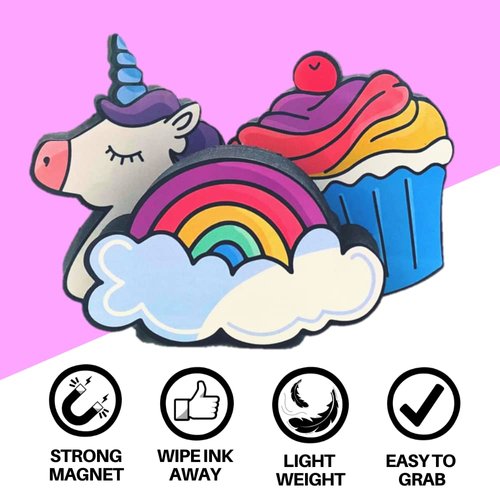 Magnetic Dry Erase Eraser Set for Whiteboard - 3 Pack Cute Design Unicorn, Cupcake and Rainbow - for Kids and Classroom Board Accessories