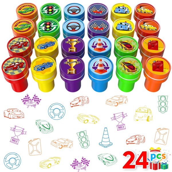 Race Car Party Stamps for Kids, 24Pcs Racecar Wheels Self-Inking Stamps,Goodie Bag Stuffers, TWO Fast Cars Transportation Birthday Party Supplies Favor for Kids,Reward Pinata Fillers Carnival Prizes