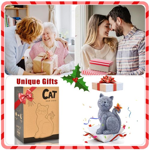 Solar Cat Outdoor Statues for Garden: Outside Decor with Butterfly Clearance for Yard Art Lawn Ornaments Porch Patio Balcony Home House - Birthday Gifts for Grandma Mom Women