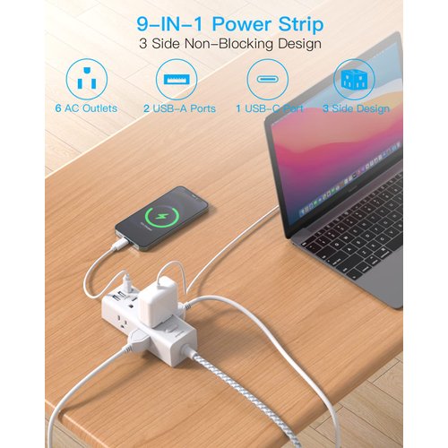 Power Strip Surge Protector - 6 Widely Outlets with 3 USB Ports (1 USB C), 3-Side Outlet Extender Strip, 5 Ft Extension Cord Flat Plug, Wall Mount Small Power Strip for Travel Home Office College Dorm