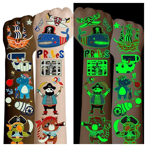Cerlaza 100 Styles Luminous Pirate Party Supplies, Pirate Temporary Tattoos for Kids Birthday Party Favors Decorations, Fake Pirate Tattoos Stickers Accessories for Boys and Girls Toddlers Body Makeup