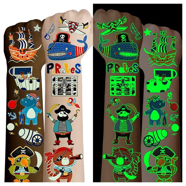 Cerlaza 100 Styles Luminous Pirate Party Supplies, Pirate Temporary Tattoos for Kids Birthday Party Favors Decorations, Fake Pirate Tattoos Stickers Accessories for Boys and Girls Toddlers Body Makeup