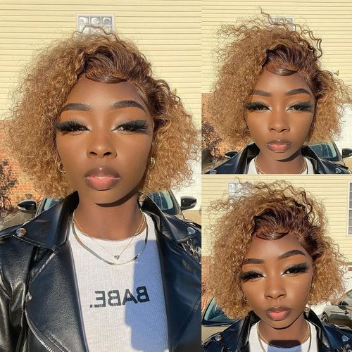 afsisterwig Short Pixie Wig Human Hair Curly Lace Wigs Ombre Honey Blonde Hair 13x4 Pixie Lace Front Human Hair Wigs(13X4 1B/27 Blonde)