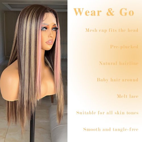 FABÉLLE Pink Highlight Wig Lace Front Wigs Glueless Wig Long Straight Wigs for Women Pre Plucked with Baby Hair 26 Inch Pink Color Forehead Synthetic Lace Front Wig