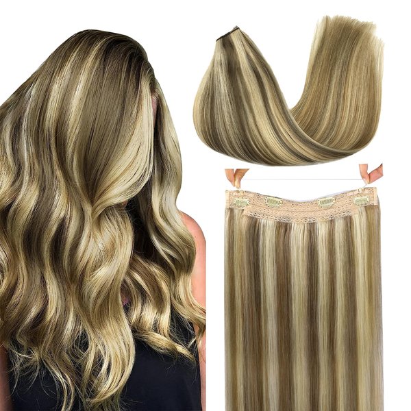 GOO GOO Wire Hair Extensions Human Hair, 8A/22 Medium Brown Highlighted Golden Blonde 16inch 95g, Invisible Wire Hair Extensions with Transparent, Seamless Fish Line Hairpiece