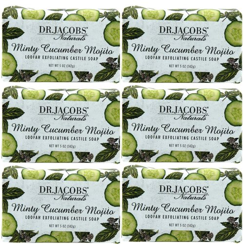 Dr Jacobs Naturals, Triple Milled Loofah Exfoliating Castile Bar Soap (Pack of 6) - Free of Parabens, Sulfates, Synthetics, Gltuen and GMO (Minty Cucumber Mojito)
