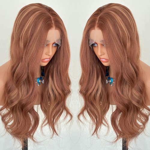 VASTCURY Copper Red Wigs Highlight Honey Blonde 13x4 Lace Front Wig Auburn Brown Color Synthetic Fiber 22Inch Long Body Wave Pre Plucked for Women Girls