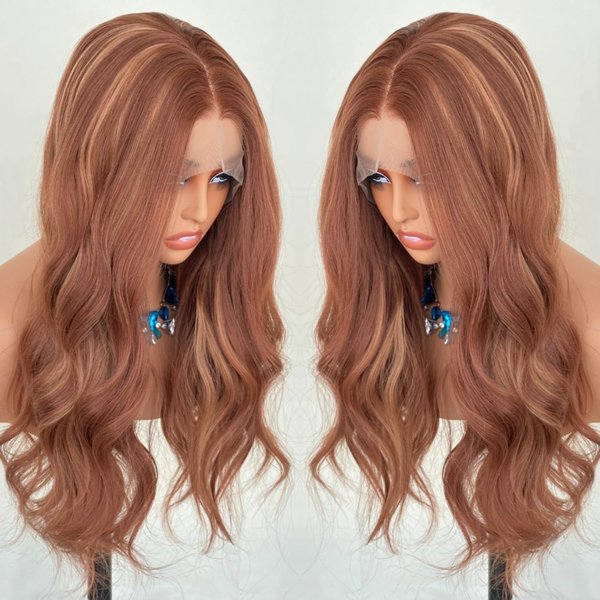 VASTCURY Copper Red Wigs Highlight Honey Blonde 13x4 Lace Front Wig Auburn Brown Color Synthetic Fiber 22Inch Long Body Wave Pre Plucked for Women Girls