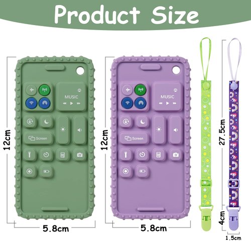 Aolso 2PCS Silicone Baby Teething Toys, Cell Phone Teether Toys with 2PCS Pacifier Clip, Baby Teething Toys for 0-12 Months, Baby Phone Chew Toys BPA Free/Freezable/Dishwasher(Purple&Green)