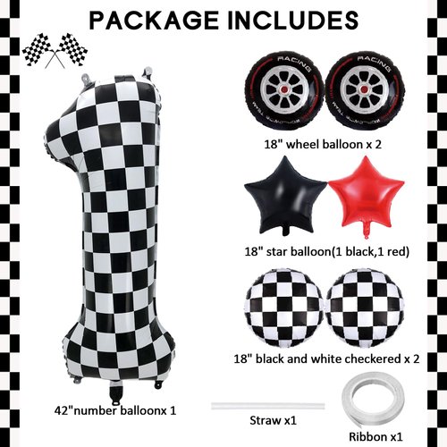 Eoopoon Race Car Balloons Party Decorations,42 Inch Black and White Checkered Number Balloon 1, 1th Race Car Birthday Party Supplies, Race Car Balloon Theme Party Decor Supplies 7Pcs(Checkered set 1)