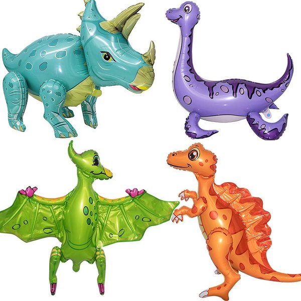 BlingABC 4Pack Giant 3D Dinosaur Balloons Standing Inflatable Dino Aluminium Foil Balloons Decoration for Kids Birthday Baby Shower Jungle Party Supplies