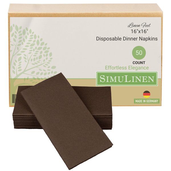 SimuLinen Brown Dinner Napkins Paper Disposable & Decorative –Dinner Napkins with Linen-feel, Cloth-Like & KOSHER for Passover, Easter, Weddings, Shower Napkins – Size: 16”x16” – Box of 50