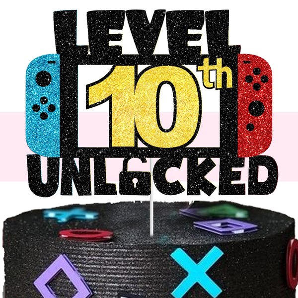 10 LEVEL UNLOCKED Birthday Cake Topper - 10th Happy Birthday Gamepad Cake Topper - Video Game Kids Boy Girl Bday Party Decorations Supplies - Handmade black gold red blue Glitter