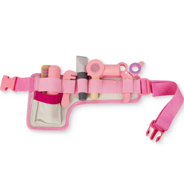 WoodenEdu Wooden Hair Salon Toys for Girls, Pretend Play Beauty Salon Set with Realistic Accessories, Blow Dryer, Straightener, Tool Belt and Styling Accessories