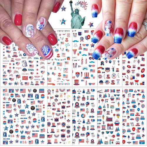 10Pcs Independence Day Nail Stickers Patriotic Nail Decals 4th of July Nail Art Stickers American Flag Eagle Fireworks Heart Stars Nail Design Stickers Self-Adhesive Nail Supplies for Women DIY Nail