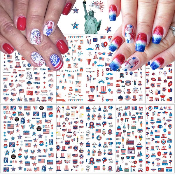 10Pcs Independence Day Nail Stickers Patriotic Nail Decals 4th of July Nail Art Stickers American Flag Eagle Fireworks Heart Stars Nail Design Stickers Self-Adhesive Nail Supplies for Women DIY Nail