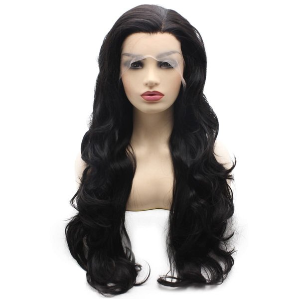 Peakia Long Wavy Dark Brown Natural Half Hand Tied Synthetic Lace Front Wig Natural