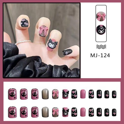 Cute Press on Nails Square Short Length 24Pcs Glossy Full Cover Artificial Black Fake Nails with Heart Bow Designs Acrylic False Nails Glue on Nails Square Stick on Fingernails for Women Girls