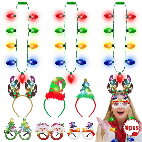 9PCS Christmas Party Favors, Light Up Christmas Necklace Headband Glasses Set, Xmas Bulb Necklace Antler Tree Lights Holiday Headbands LED Flashing Glow Santa Eyeglasses Bulk for Christmas Gift