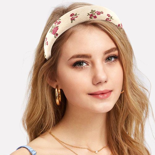 TUCEWP Floral Padded Headbands Beige Thick Puffy Headband Soft Boho Flower Chunky Headbands Non Slip Vintage Wide Turban Headband No Teeth Head Bands Hoops Headwear Fashion Accessories for Women Girls