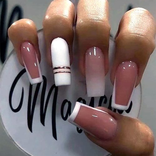 SINHOT Medium Coffin Press on Nails Ballerina Fake Nails Glossy Glue on Nails Gold Line Acrylic Nails with White Gradient False Nails Designs 24 pcs