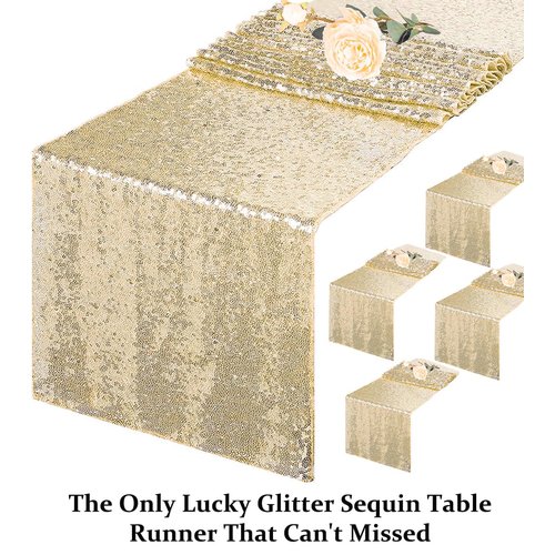 DUOBAO Table Runner 72 Inches Pack of 5 Champagne Gold Sequin Table Runner Sequins Cake Table Runner Happy Birthday Decor Sequence Table Runners 12x72 Inches Wedding Party Decorations